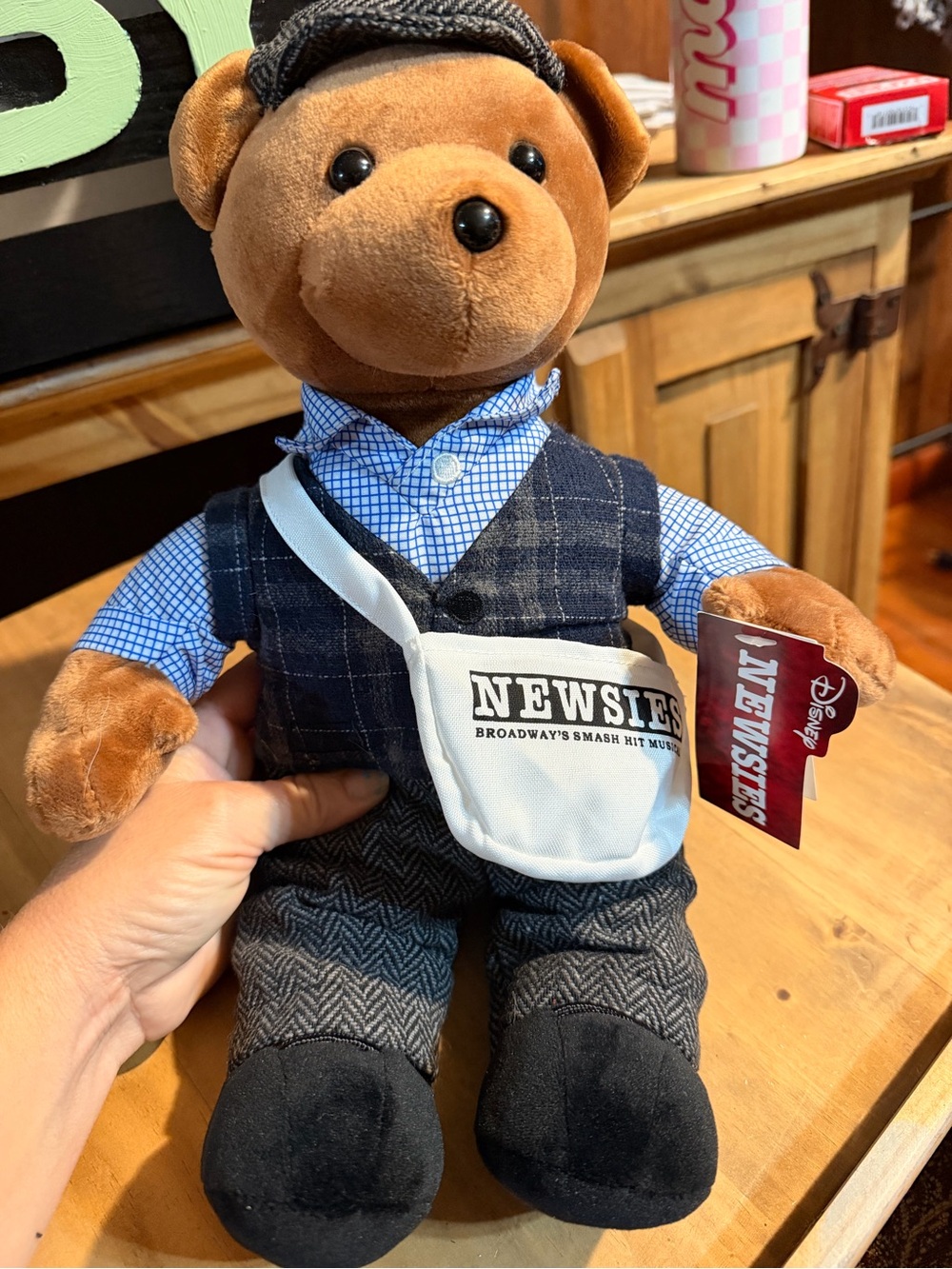 Disney Newsies Plush Bear in Brown with Blue Outfit and White Satchel